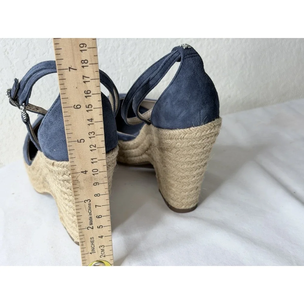 Sam Edelman Espadrille Wedge Sandals Womens Size 7.5 Blue Suede Ankle Strappy